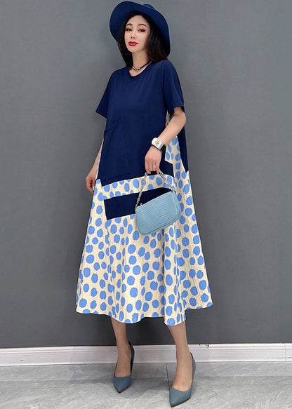 Natural Blue O-neck Patchwork Long Dress Short Sleeve