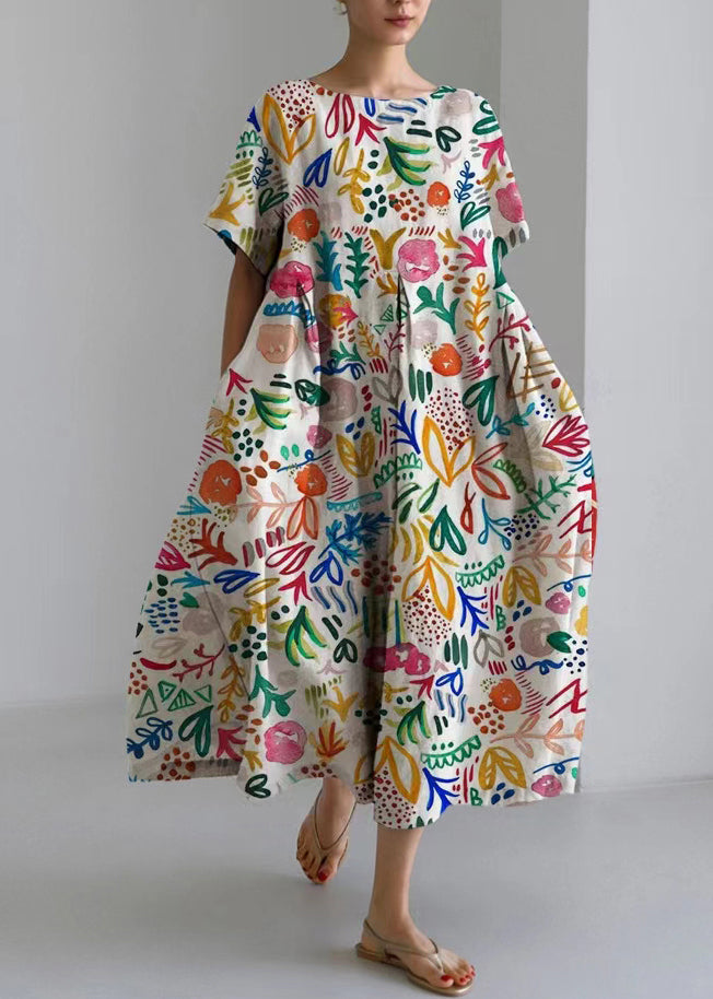 Natural Blue O-neck Print Long Dress Short Sleeve