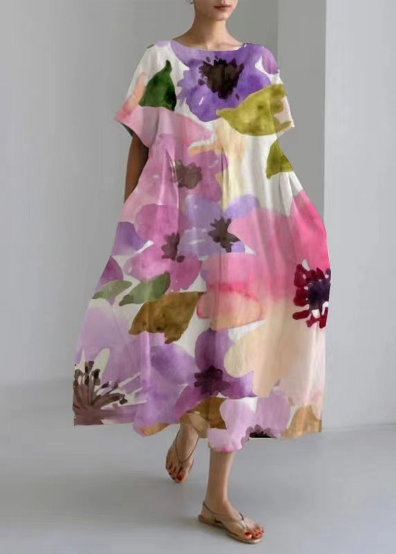 Natural Blue O-neck Print Long Dress Short Sleeve