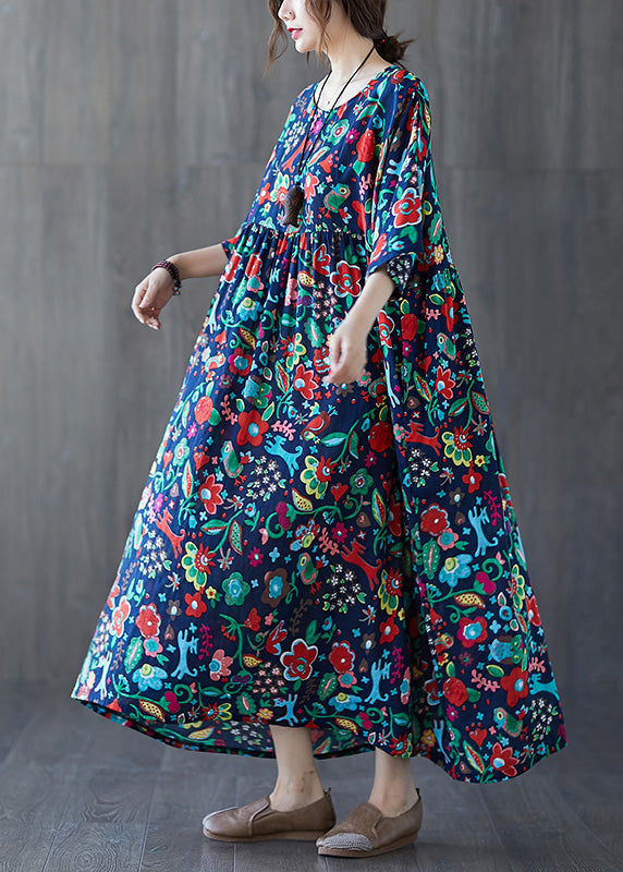 Natural Blue O-neck Print Wrinkled Cotton Long Dresses Summer