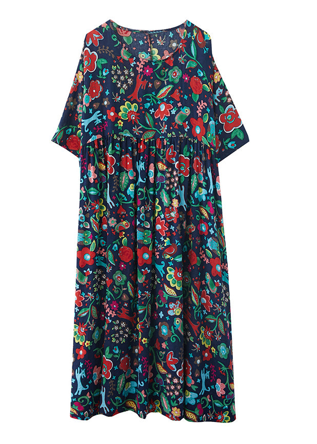 Natural Blue O-neck Print Wrinkled Cotton Long Dresses Summer