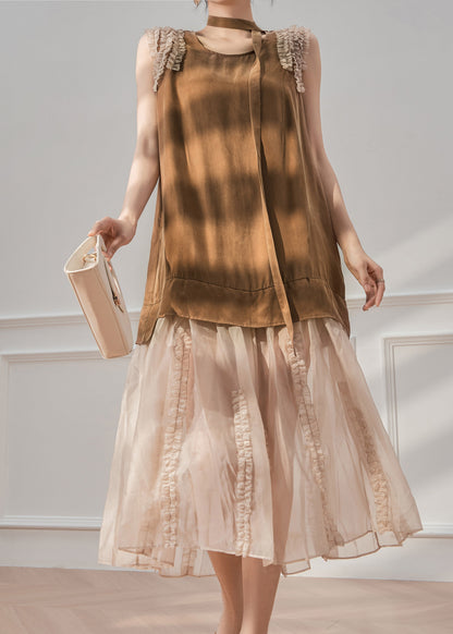 Natural Caramel O-neck Ruffled Tulle Patchwork Maxi Dress Sleeveless