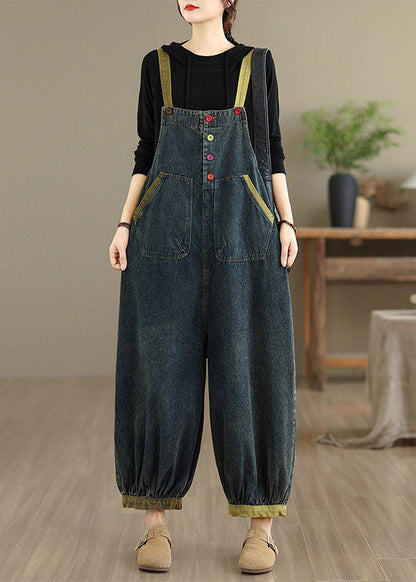 Natural Dark Blue Pockets Patchwork Denim Jumpsuits Sleeveless