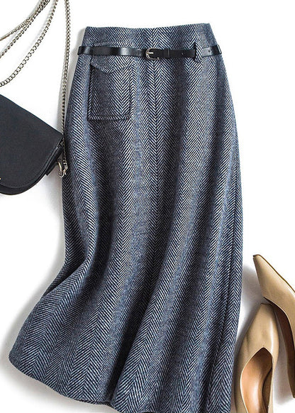Natural Dark Grey High Waist Woolen a Line Skirts Spring