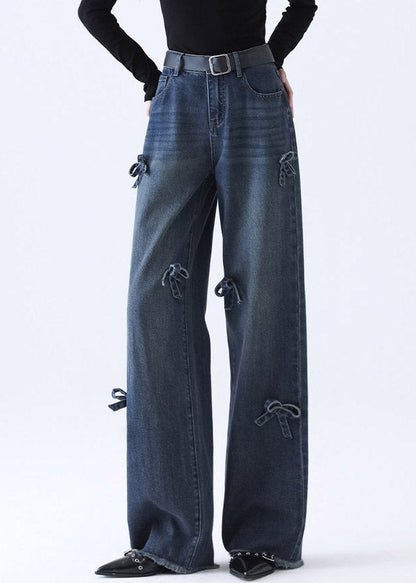 Natural Denim Blue Pockets Patchwork Bow Wide Leg Jeans Spring