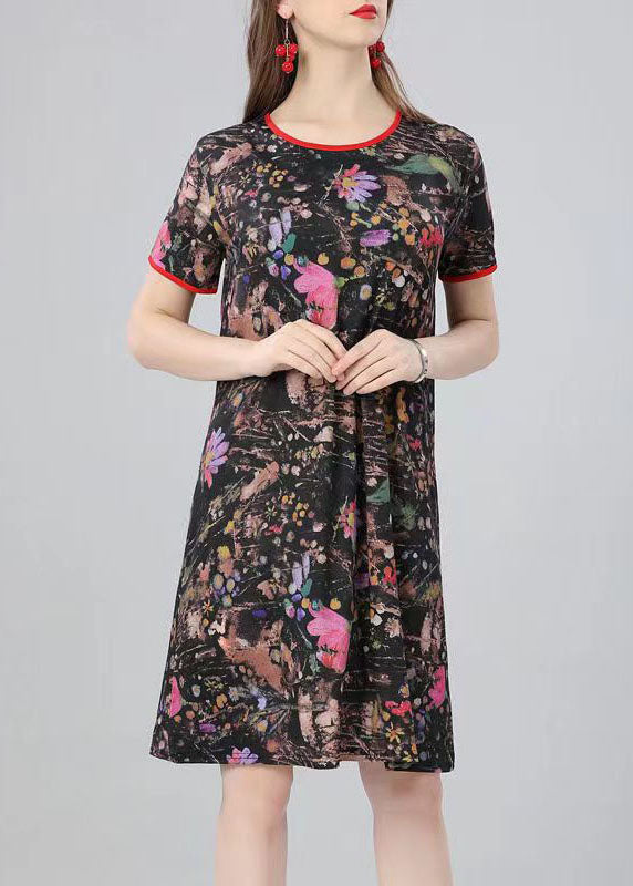 Natural O Neck Print Patchwork Cotton Mid Dress Summer