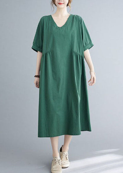 Natural Green Color Patchwork Cotton Long Dress Short Sleeve