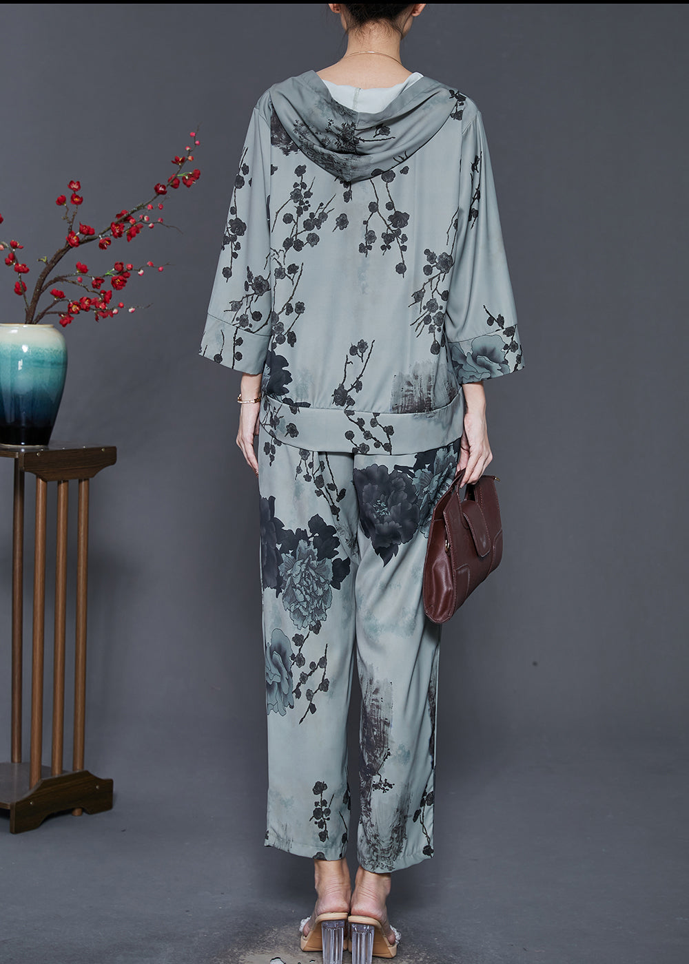 Natural Grey Hooded Ink and Wash Cotton Two Pieces Set Spring