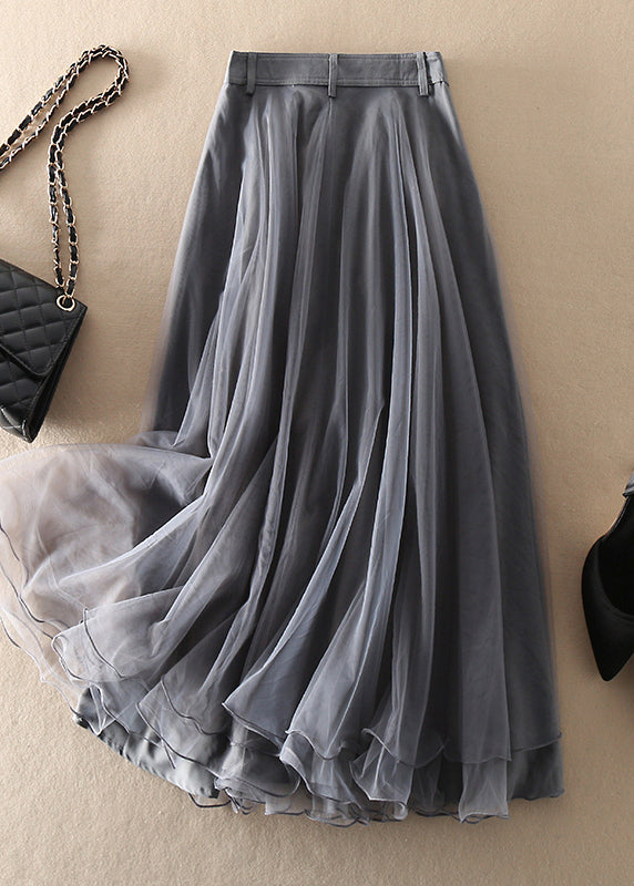 Natural Grey High Waist Patchwork Tulle Skirts Spring