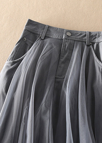 Natural Blue High Waist Patchwork Tulle Skirts Spring