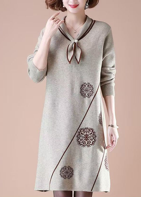 Natural Khaki Peter Pan Collar Cotton Knit Long Weater Dress Spring