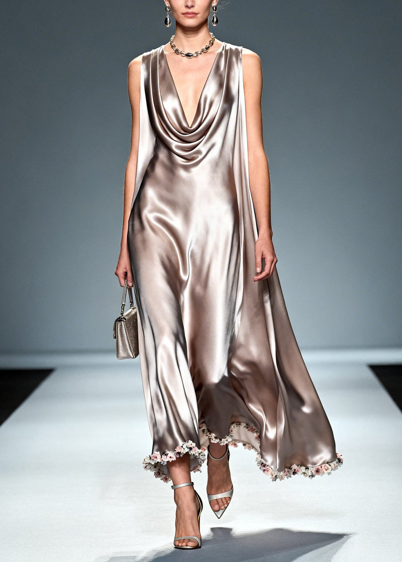 Natural Khaki Turtle Neck Silk Dresses Sleeveless