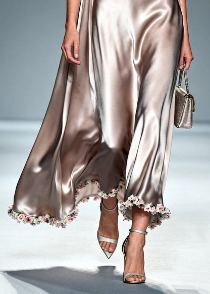 Natural Khaki Turtle Neck Silk Dresses Sleeveless