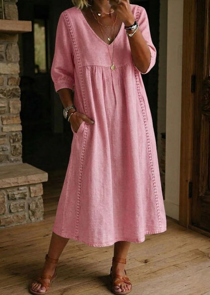 Natural Navy V Neck Patchwork Denim Long Dresses Summer