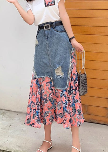 Natural Pink Print Chiffon Patchwork a Line Skirt Summer