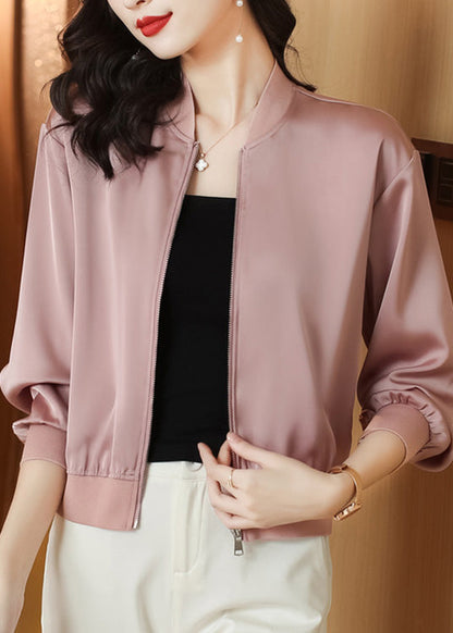 Natural Pink Stand Collar Zippered Coats Long Sleeve