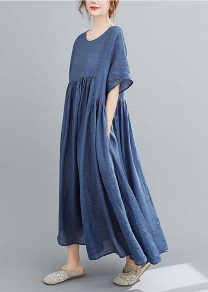 Natural Colorful Geometry Pockets Short Sleeve Robe Cotton Linen Dresses