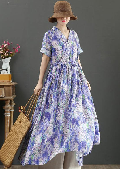 Natural Purple Print Dresses V Neck Drawstring Summer Dresses