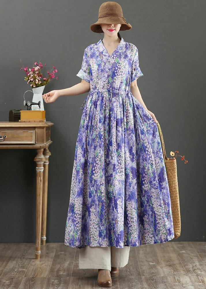Natural Purple Print Dresses V Neck Drawstring Summer Dresses