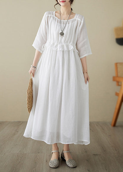 Natural Red O-neck Ruffled Patchwork Tunic Chiffon Long Dress Short Sleeve