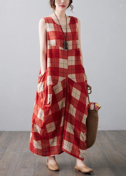 Natural Red Plaid Sleeveless Pockets Summer Dress