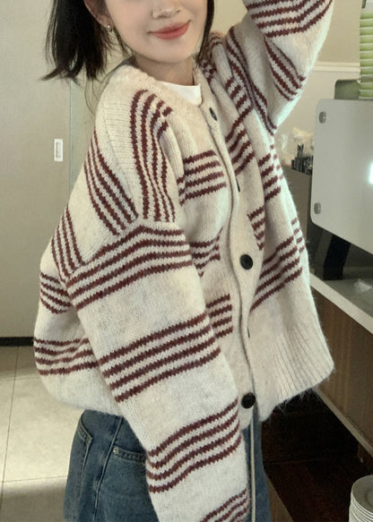 Natural Red Striped O-neck Cotton Knit Cardigan Long Sleeve