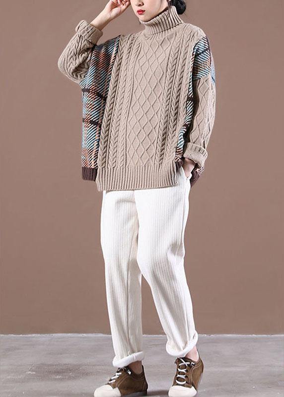 Natural Rose Patchwork High Neck Fall Knit Sweater