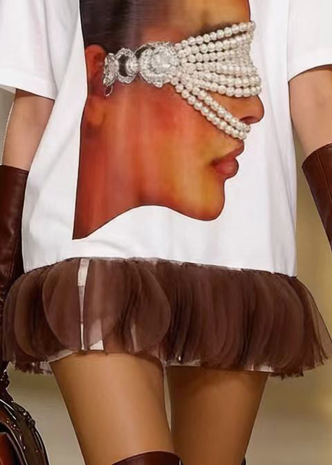 Natural White Oversized Patchwork Pearl Cotton Long Tops Summer