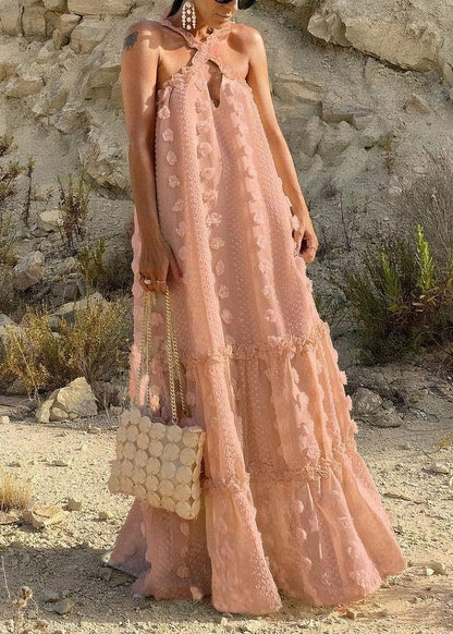 Natural White Ruffled Patchwork Cotton Long Dresses Summer