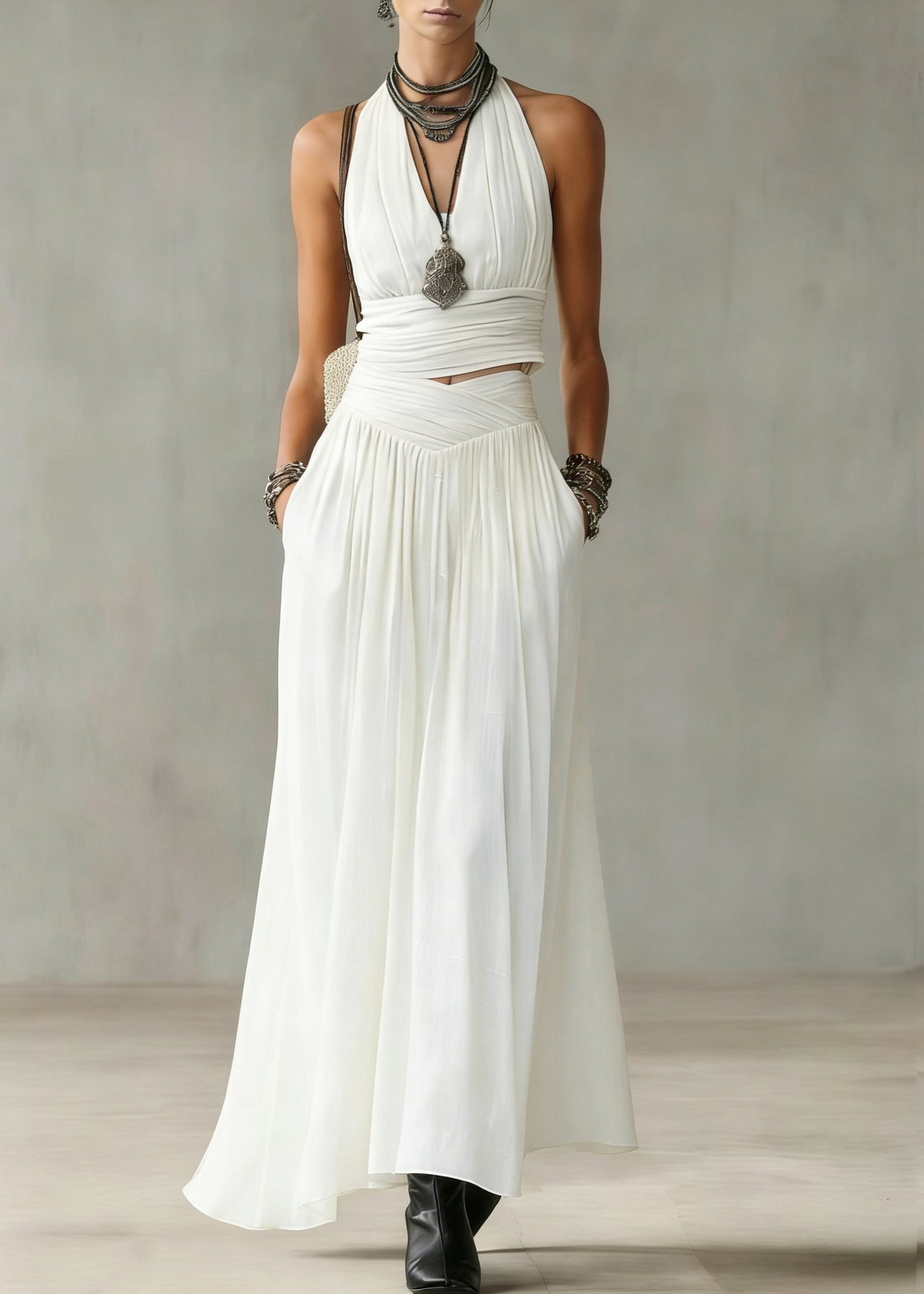 Natural White V Neck Wrinkled Top and Maxi Skirts Two Pieces Set Summer