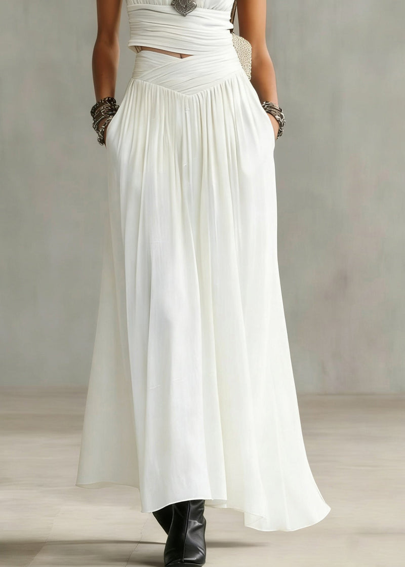 Natural White V Neck Wrinkled Top and Maxi Skirts Two Pieces Set Summer