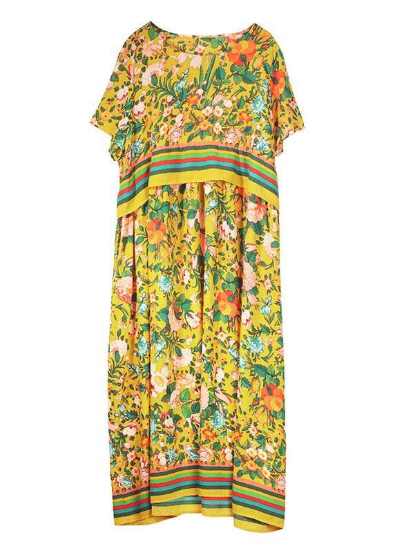 Natural Yellow Loose O-neck Print Summer Robe Dresses Half Sleeve