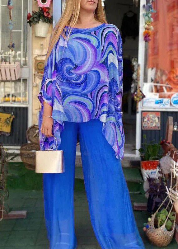 Natural Yellow O-neck Asymmetrical Print Top and Wide Leg Pants Two Pieces Set Fall