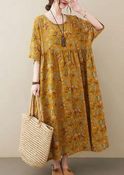 Natural Yellow O-neck Pockets Print Summer Sundress