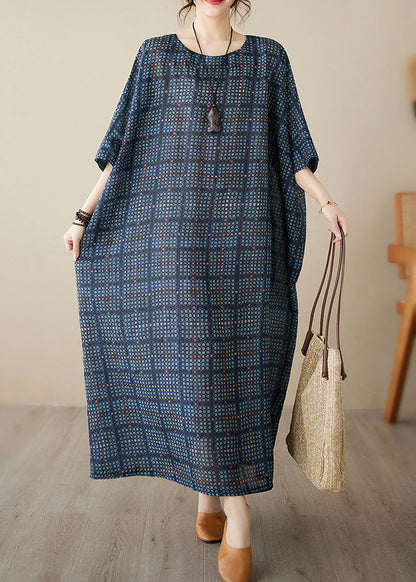 Navy Blue O-neck Plaid Maxi Dress Short Sleeve