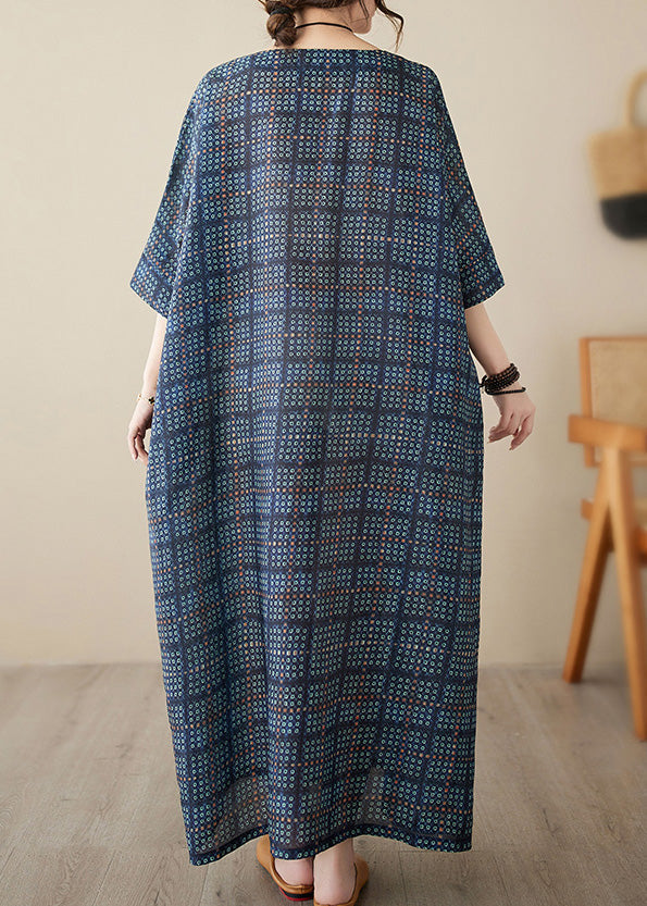 Navy Blue O-neck Plaid Maxi Dress Short Sleeve