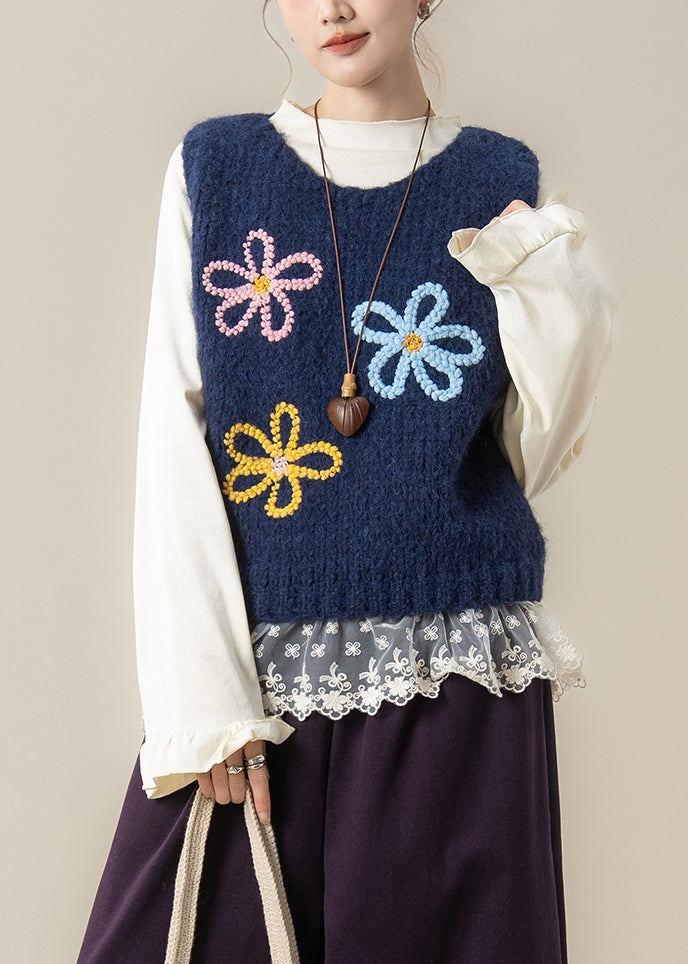 Navy Cozy Knit Vest Tops O Neck Spring
