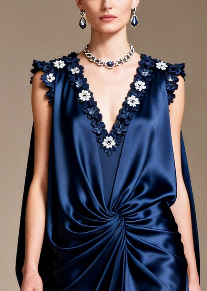 Navy Silk Long Dress Asymmetrical Design Sleeveless