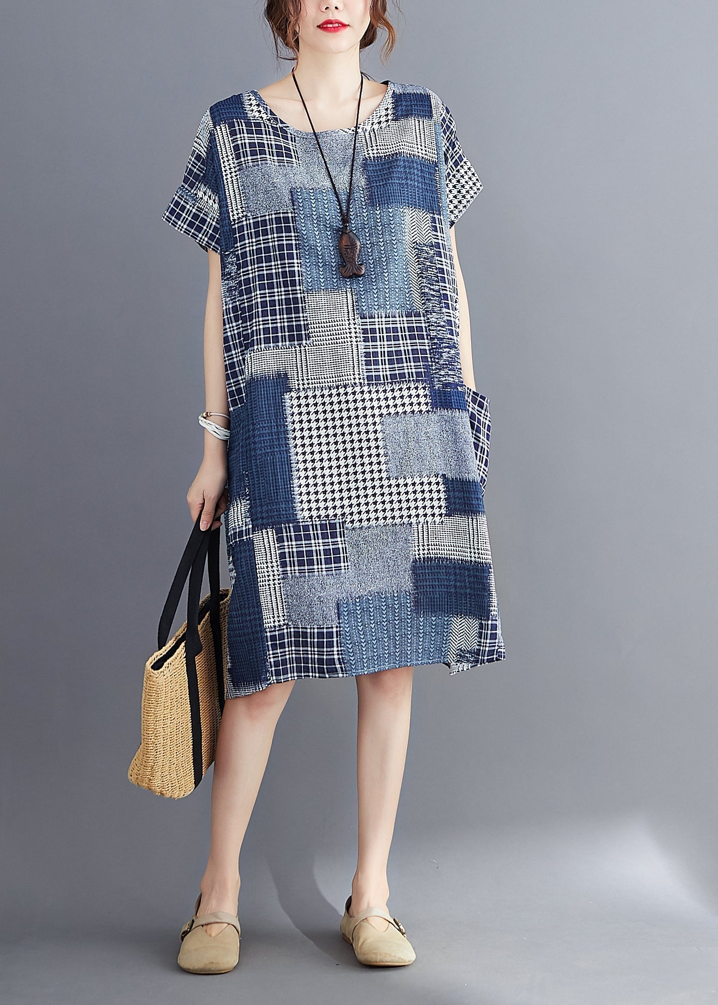 Navy Print Cotton Long Dress O-neck Pockets Summer