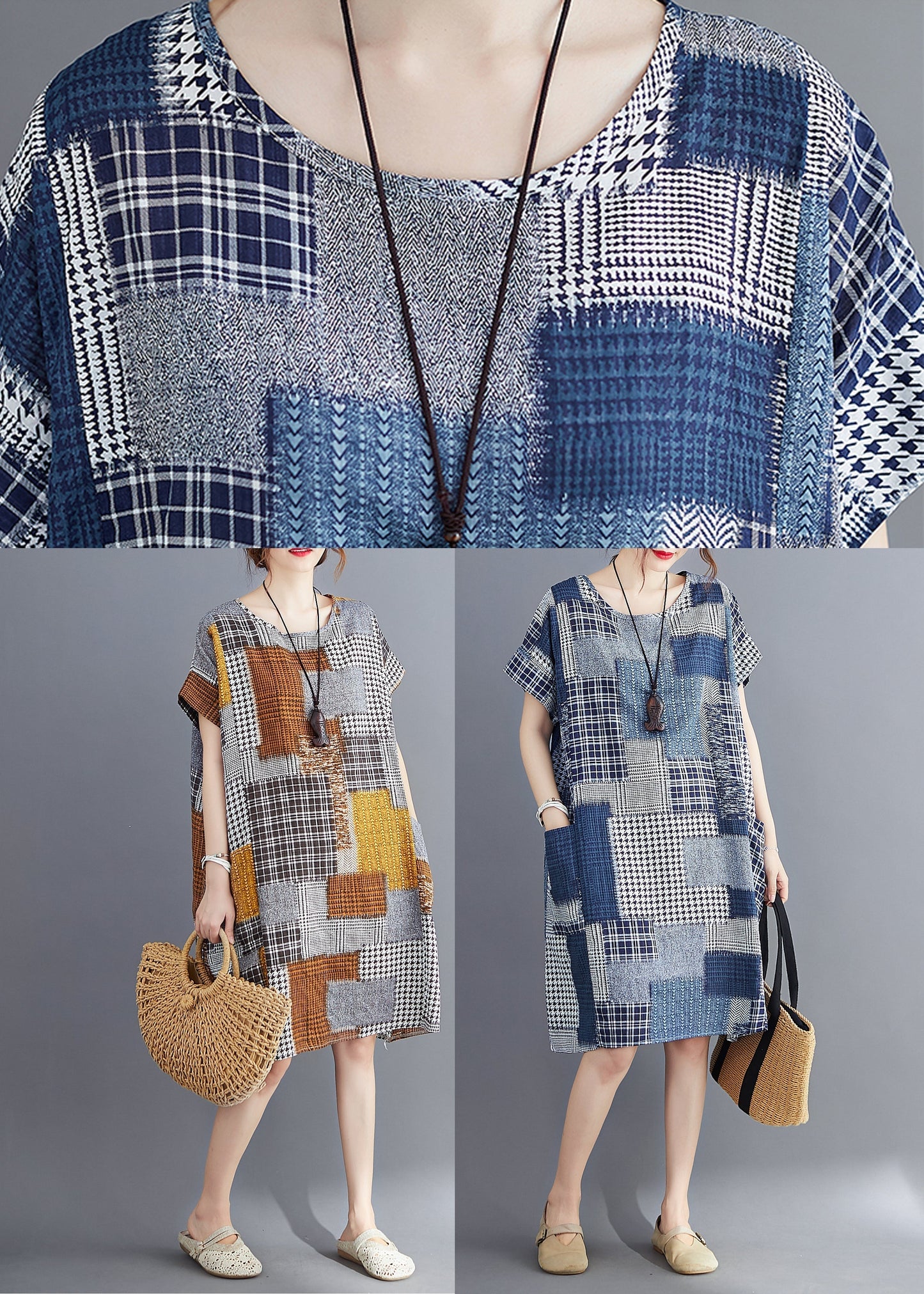 Navy Print Cotton Long Dress O-neck Pockets Summer