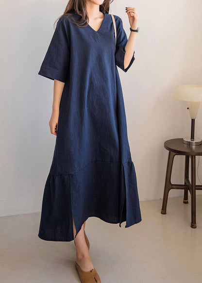 Navy Side Open Long Dresses Short Sleeve