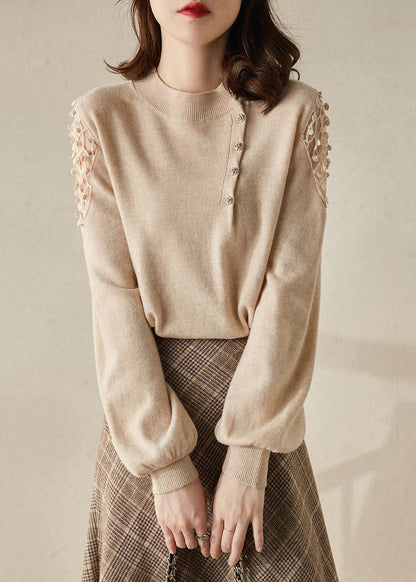 New Apricot O Neck Hollow Out Knit Sweaters Spring