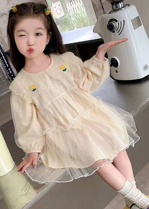 New Apricot Ruffled Tulle Mid Dresses Long Sleeve