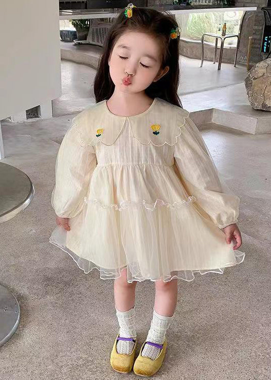 New Apricot Ruffled Tulle Mid Dresses Long Sleeve