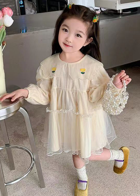 New Apricot Ruffled Tulle Mid Dresses Long Sleeve