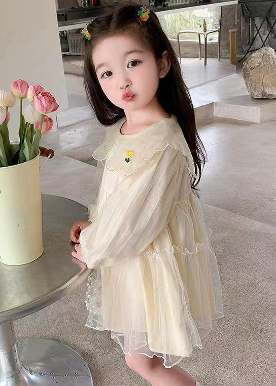 New Apricot Ruffled Tulle Mid Dresses Long Sleeve