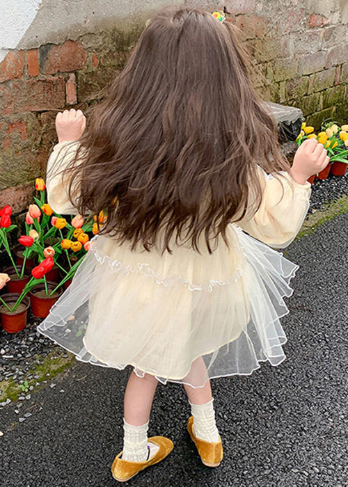 New Apricot Ruffled Tulle Mid Dresses Long Sleeve
