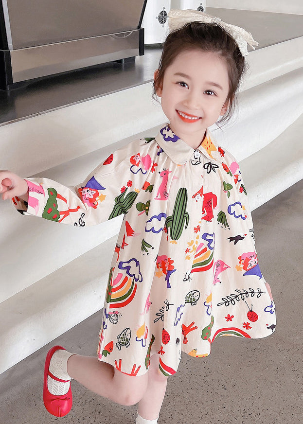 New Beige Print Button Mid Dress Long Sleeve