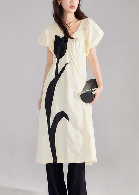 New Beige V Neck Print Cotton Dresses Summer