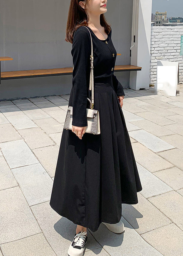 New Black Button Knit Tops and Pleated Skirt Two Piece Set Fall
